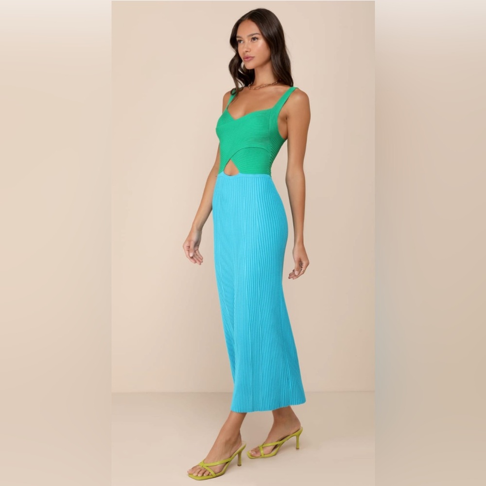 BRAND NEW Lulu’s Green and Blue Color Block Cutout Ribbed Knit Form Fitted Dress - Picture 2 of 12